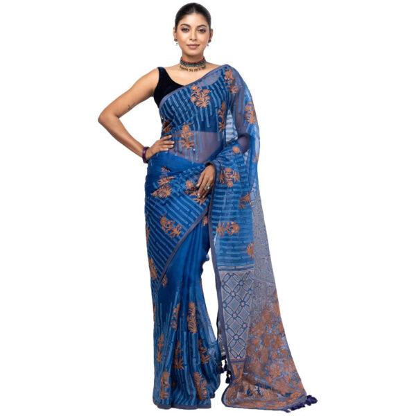 Blue Appliqued and Embroidered Muslin Saree - Image 2