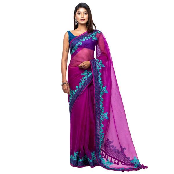 Purple Printed and Embroidered Muslin Saree - Image 2