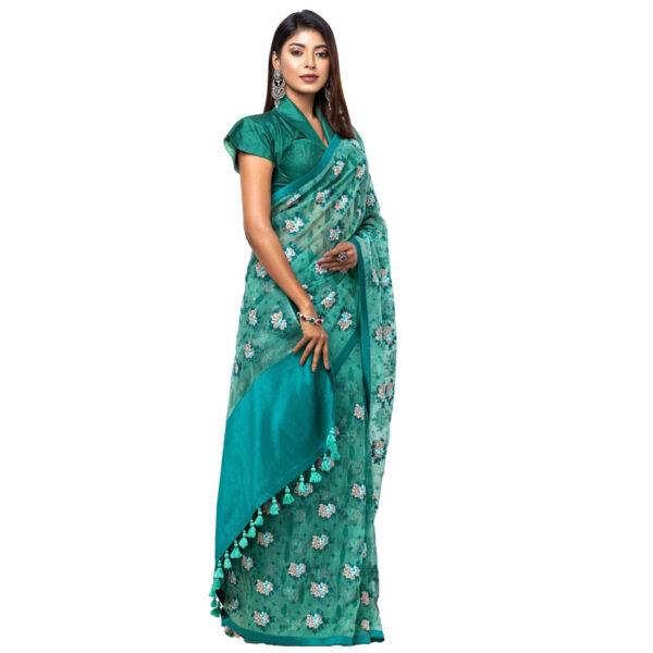 Green Printed and Embroidered Muslin Saree - Image 2