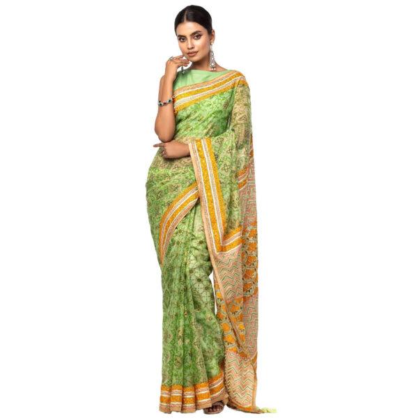 Green Printed and Embroidered Muslin Saree - Image 2