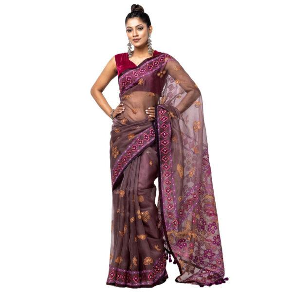 Mauve Appliqued and Embroidered Muslin Saree - Image 2