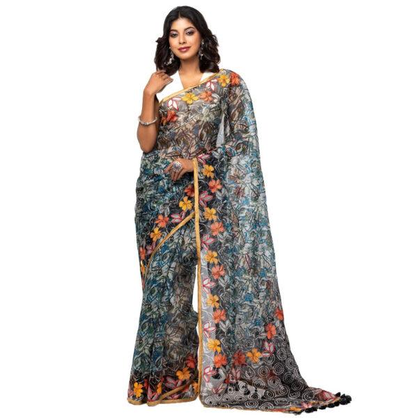 Multicolour Printed and Embroidered Muslin Saree - Image 2