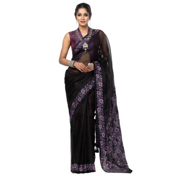 Black Embroidered Muslin Saree - Image 2