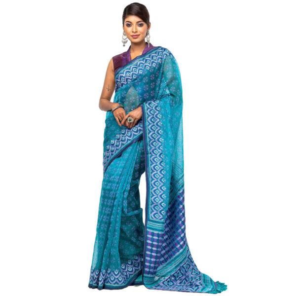 Teal Printed and Embroidered Muslin Saree - Image 2
