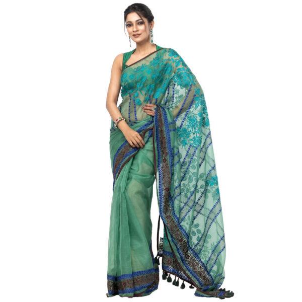 Forest Green Printed and Embroidered Muslin Saree - Image 2