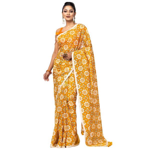 Orange Printed and Embroidered Muslin Saree - Image 2
