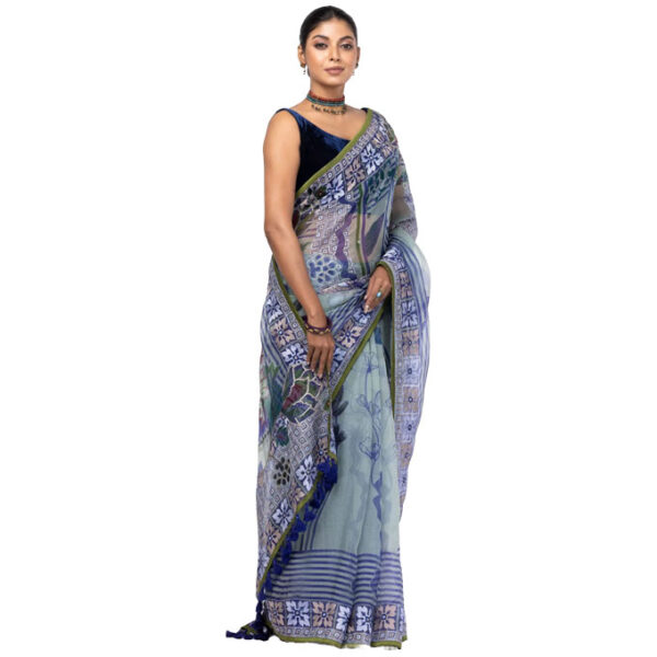 Slate Green Printed and Embroidered Muslin Saree - Image 2