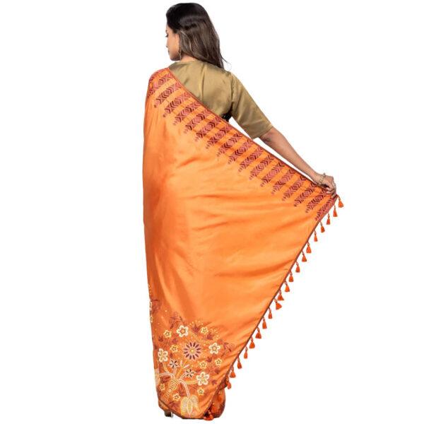 Orange Nakshi Kantha Embroidered Silk Saree - Image 3