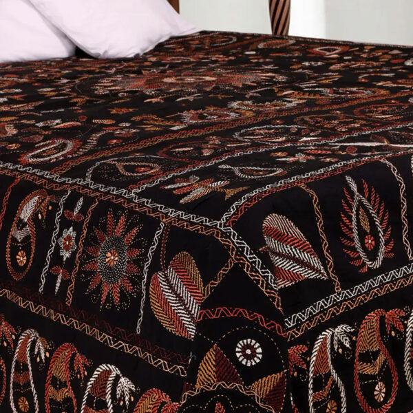 Black Nakshi Kantha Embroidered Cotton Bed Cover - Image 3
