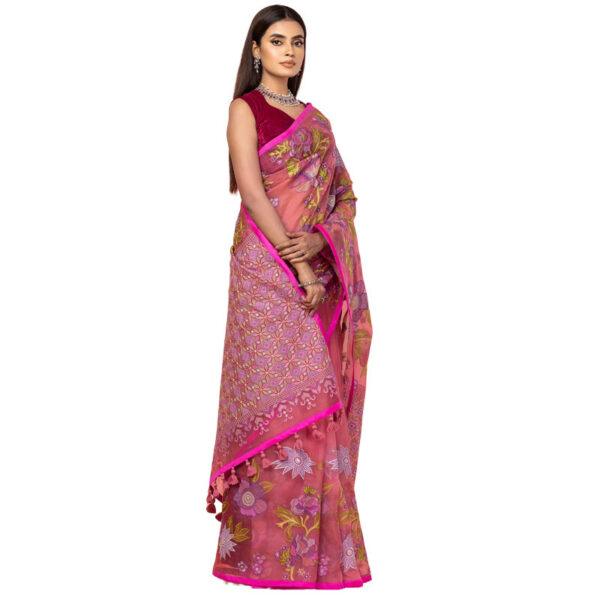 Pink Printed and Embroidered Muslin Saree - Image 3