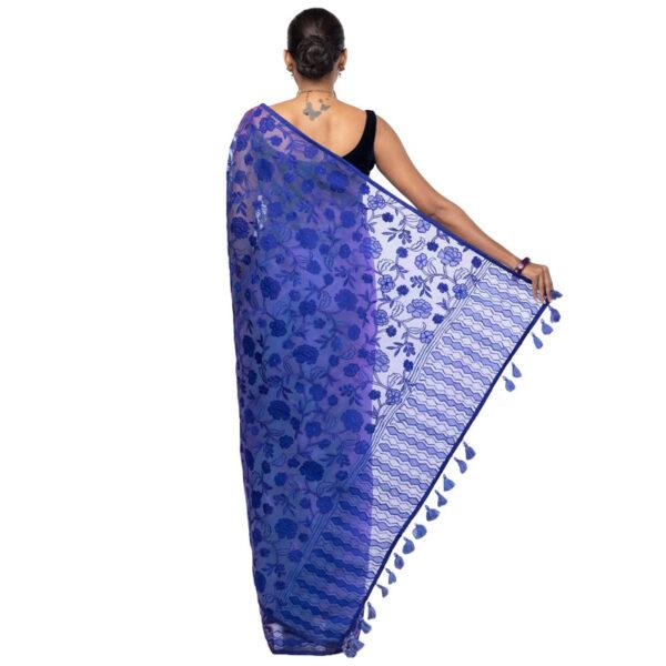 Blue/Purple Dual Tone Appliqued and Embroidered Muslin Saree - Image 3