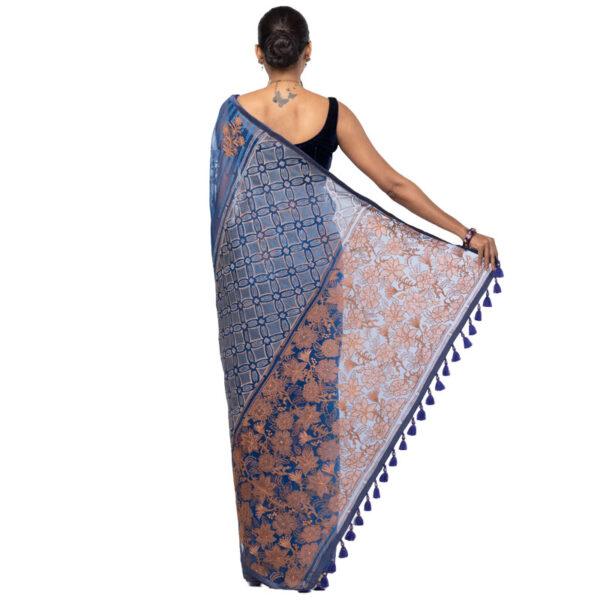 Blue Appliqued and Embroidered Muslin Saree - Image 3