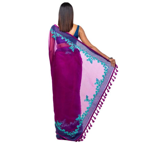 Purple Printed and Embroidered Muslin Saree - Image 3