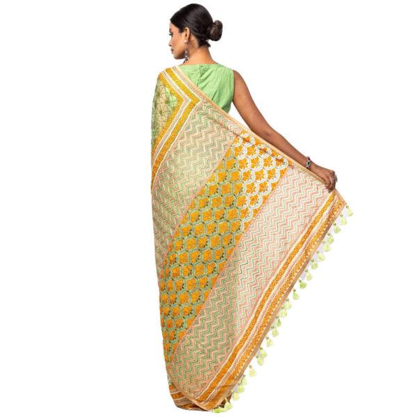 Green Printed and Embroidered Muslin Saree - Image 3