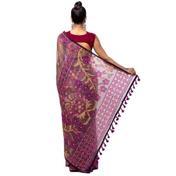 Mauve Appliqued and Embroidered Muslin Saree - Image 3