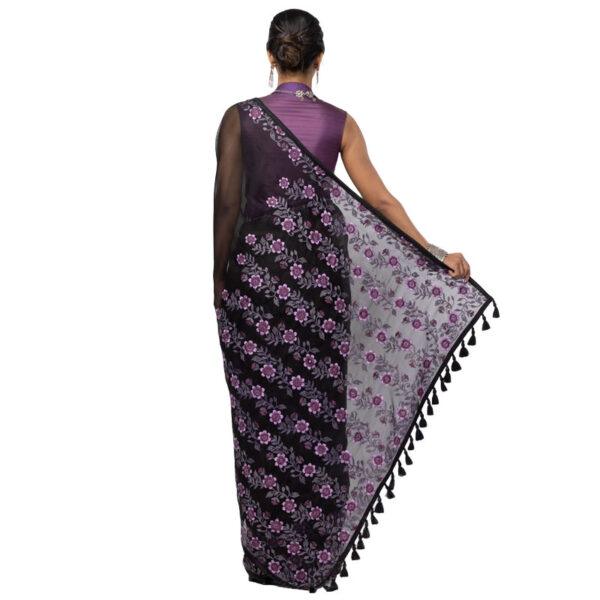 Black Embroidered Muslin Saree - Image 3