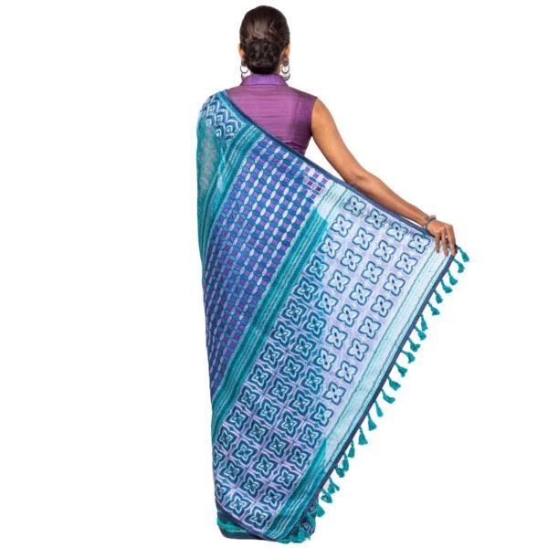 Teal Printed and Embroidered Muslin Saree - Image 3