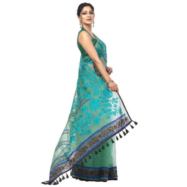 Forest Green Printed and Embroidered Muslin Saree - Image 3
