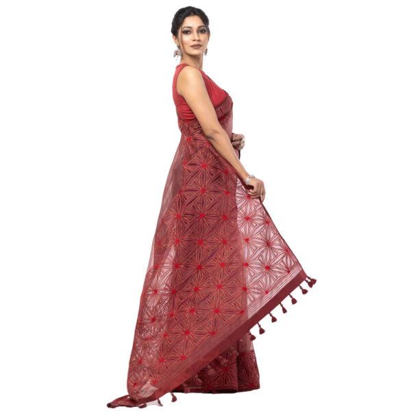 Coffee Appliqued and Embroidered Muslin Saree - Image 3