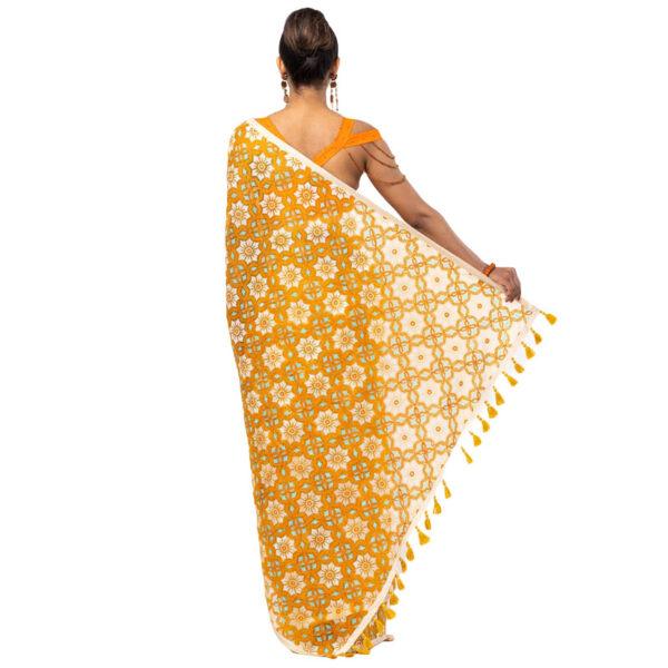 Orange Printed and Embroidered Muslin Saree - Image 3