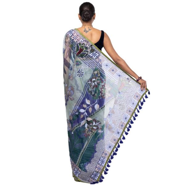 Slate Green Printed and Embroidered Muslin Saree - Image 3