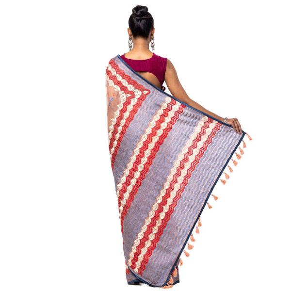 Peach Nakshi Kantha Embroidered Muslin Saree - Image 3