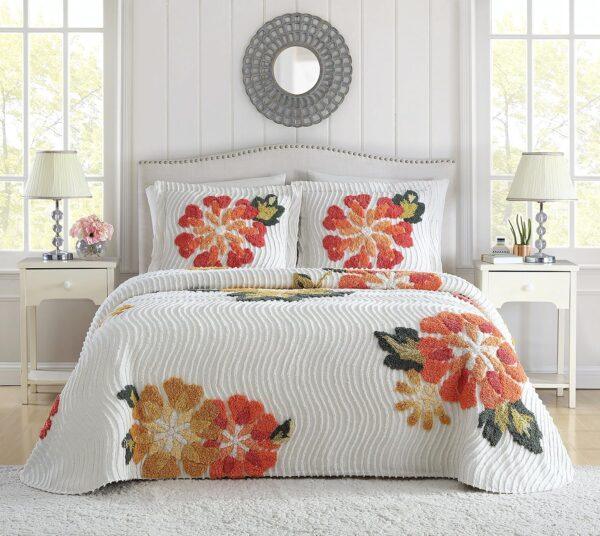 'JOBA' White|Yellow|Orange|Green - Punch Needle Bedspread & Pellow Cover set